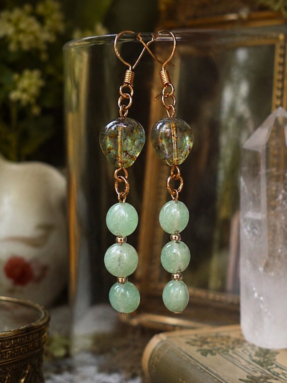 Glass & Aventurine Crystal Earrings, Woodland Fairycore Earrings, Cottagecore